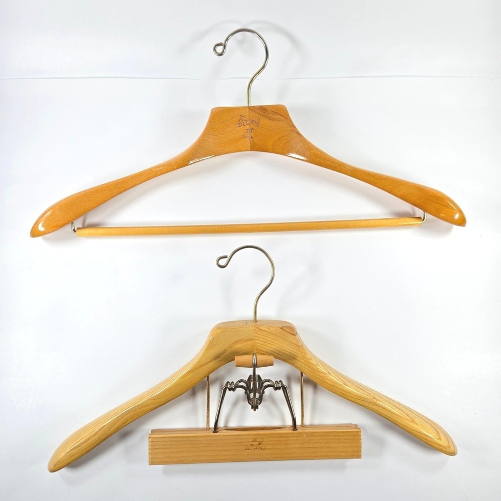 Vintage Setwell Wood Suit Hangers Set of 2 Wishbone Pant Clamp USA 17 and 20 in